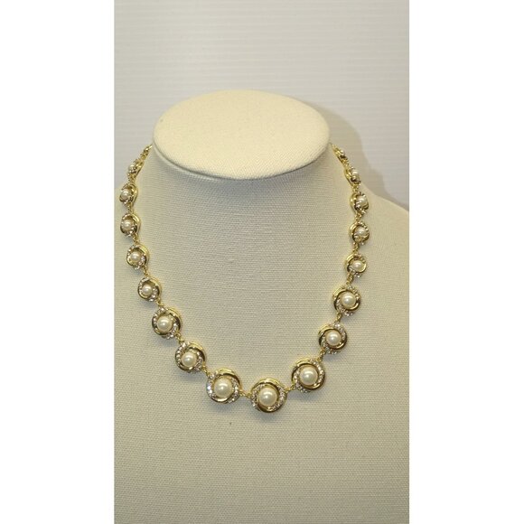 Vintage-Style Gold Tone Necklace With Faux Pearl & Rhinestone Accents - Picture 2 of 3